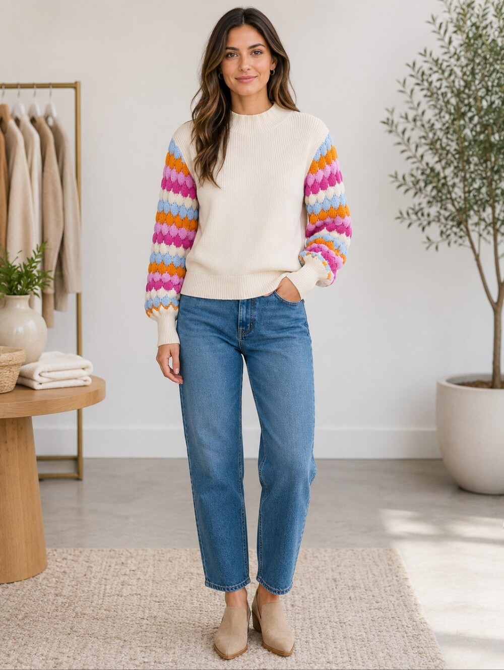 THML XS Cream Multicolor Puff Sleeve Knit Sweater NWOT